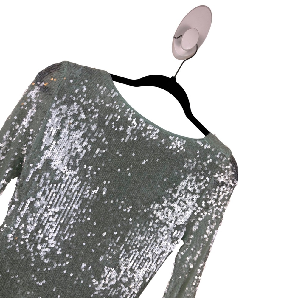 Rare London Mint Green Sequin Cowl Back Bell Sleeve Mini Dress Size Small US 4 - Picture 5 of 8